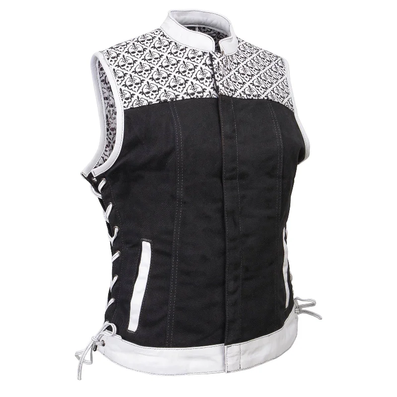 Women's Activewear for Exercise and Sports Milwaukee Leather MDL4050 Women's 'Skelly' Black with White Motorcycle Denim Vest w/ Skull Embroidery