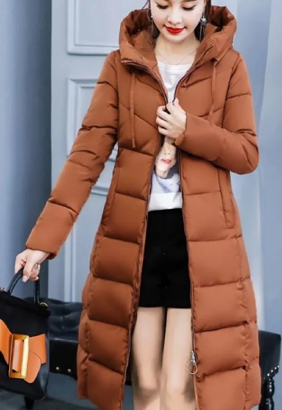 Comfortable Women's Attire Womens Classic Puffer Hooded Long Coat in Brown