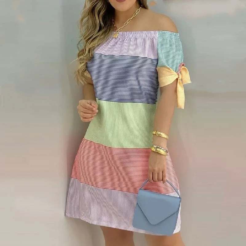 Women's Contemporary Apparel FashionSierra - Women Off Shoulder Summer Mini Dress Short Sleeve Bow Tie Striped Plaid Floral Vestidos