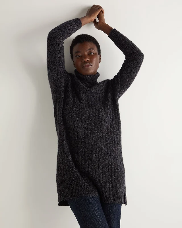Flash Discount Women's Turtle Neck Cable Cashmere Tunic Granite Grey