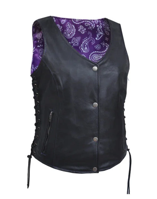 Women's Activewear Outfit Ladies Leather Vest with Purple Paisley Lining 6890 WV