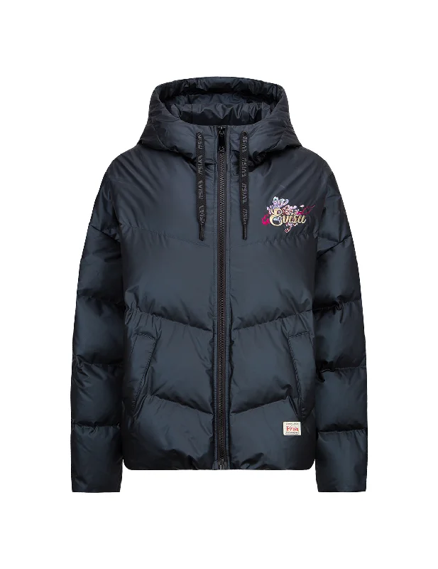 Women's Trendy Outfits Logo and Chrysanthemum Motif Embroidered Down Jacket