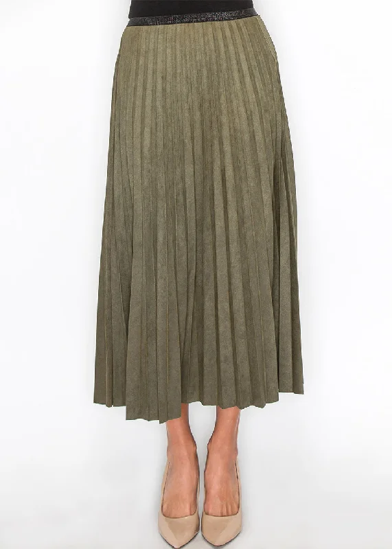 Women's Stylish Vacation Attire Olive Pleated Suede Midi Skirt