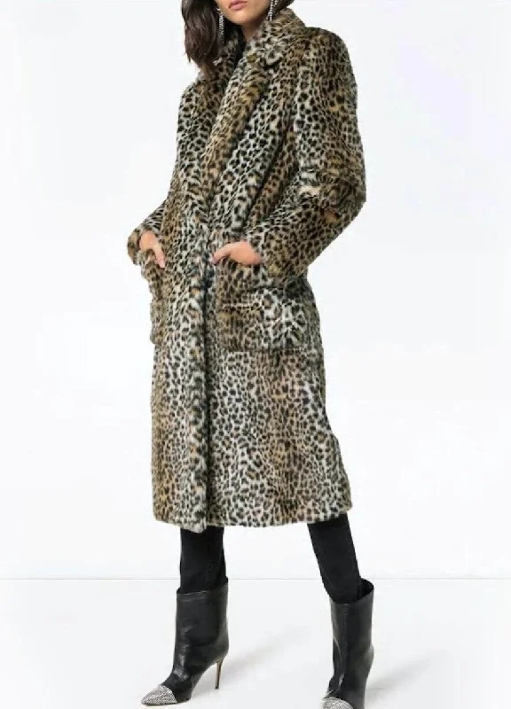 Woman Clothing Womens Faux Fur Leopard Long Coat with Pockets