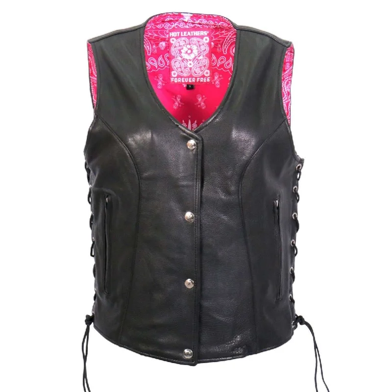 Women's Holiday Attire Hot Leathers VSL1018 Ladies 'Pink Paisley' Lined Black Leather MC Vest