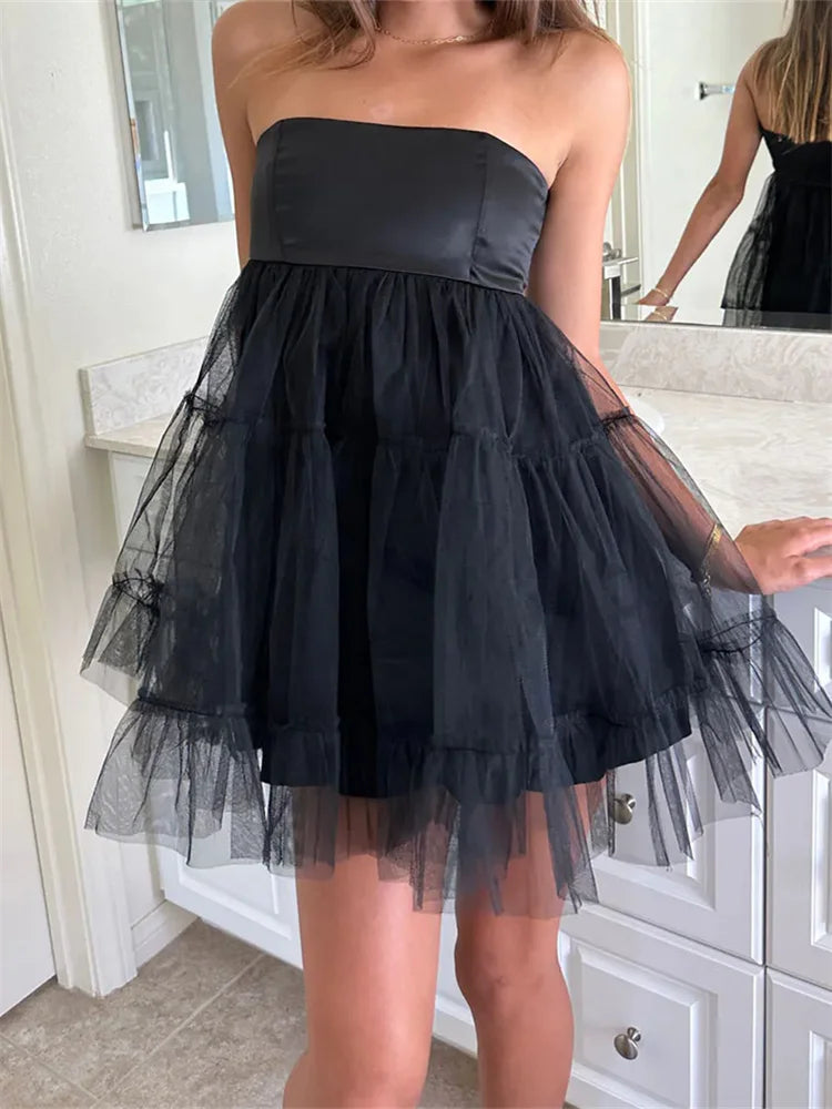 Comfortable Casual Women's Clothing FashionSierra - 2024 Tulle Tutu Tube Solid Color Strapless Off Shoulder Mini Dress