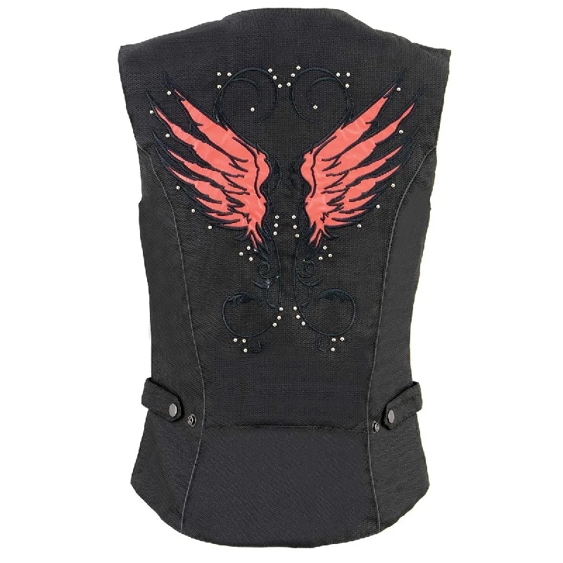 Luxury Women's Fashion Milwaukee Leather SH1955 Ladies Black and Red Textile Vest with Wing Embroidery