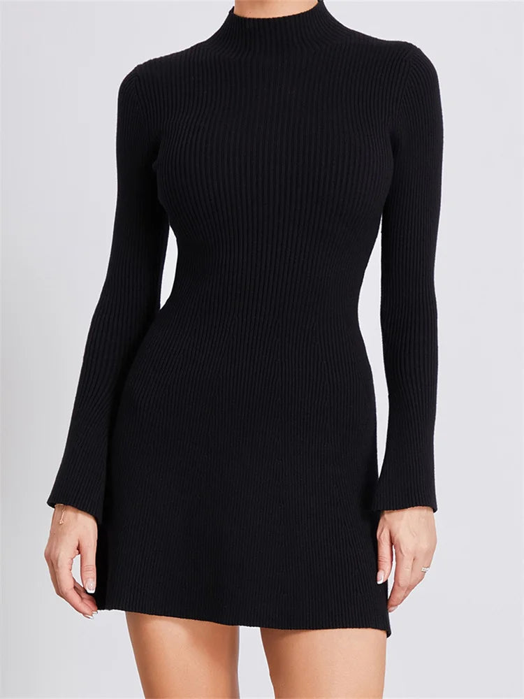 Sophisticated Women's Fashion FashionSierra - Knitted Ribbed Long Sleeve High Neck Slim Fit Mini Dress