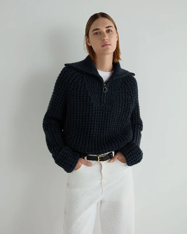 Designer Women's Fashion Online Women's Super Chunky Rib Half Zip Cashmere Sweater Grigio Blue