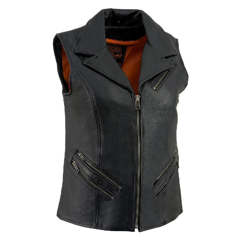 Fashionable Casual Tops Milwaukee Leather MLL4521 Ladies Black Long Leather Vest with MC Lapel Collar