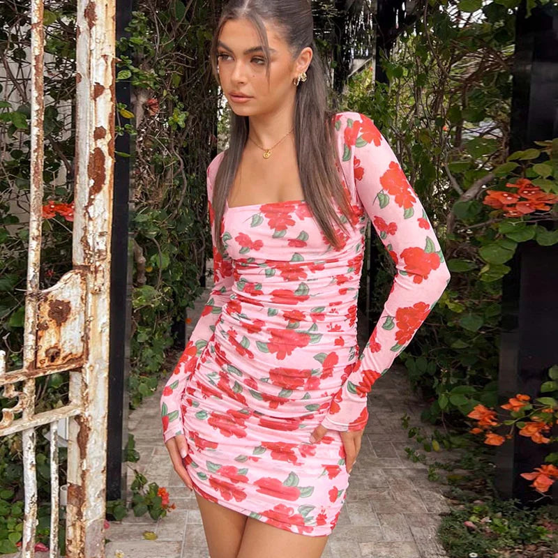 Clothes Women Flower Print Pleated Bodycon Bandage Spring Summer Nightclub Sexy Party Mini Dress Clothes Women Flower Print Pleated Bodycon Bandage Spring Summer Nightclub Sexy Party Mini Dress