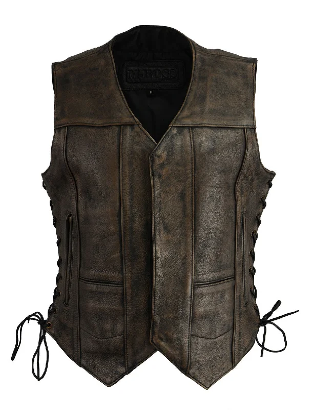 Women's Professional Garments M Boss Motorcycle Apparel BOS24500 Women's Distressed Brown Leather 6 Pocket Motorcycle Biker Rider Vest