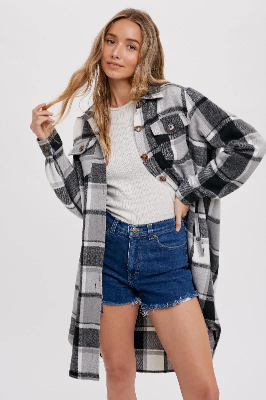 Women's Casual Wear Clothes Black Plaid Fleece Long Shirt Jacket