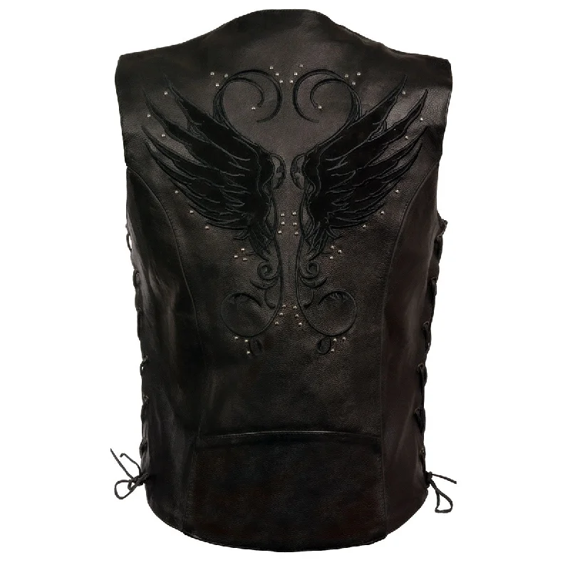 Affordable Women's Fashion Milwaukee Leather MLL4505 Women's Black Leather Side Lace Motorcycle Rider Vest- Reflective and Studded Black Wings