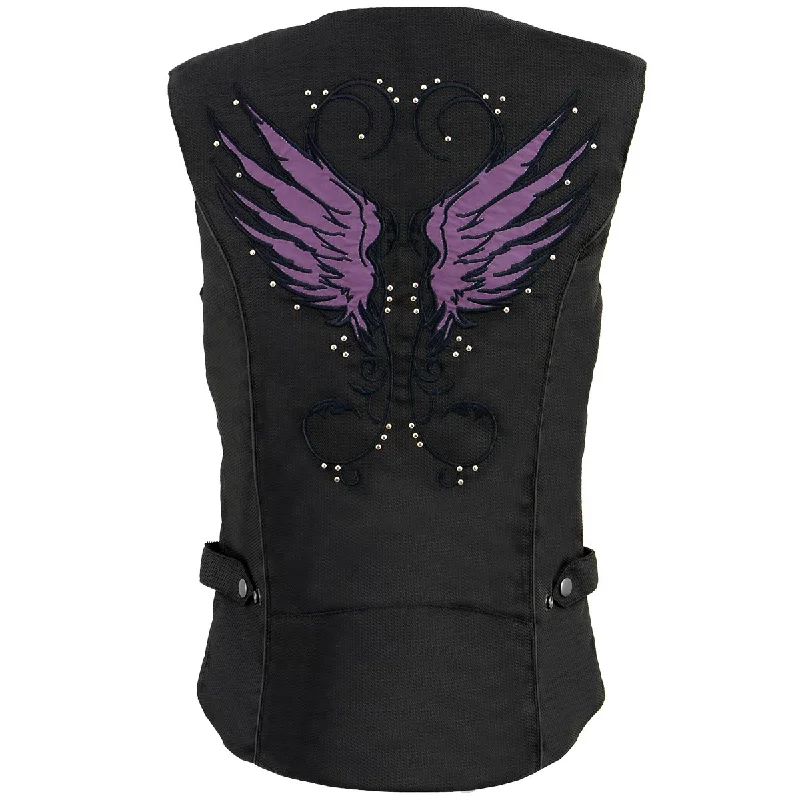 Designer Women's Fashion Online Milwaukee Leather SH1955 Ladies Black and Purple Textile Vest with Wing Embroidery