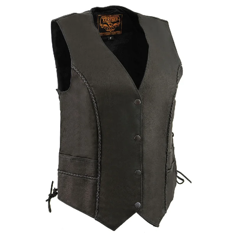 Comfortable Casual Wear Milwaukee Leather MLL4560 Women's Black Premium Leather Classic Braided Side Lace Deep V-Neck Motorcycle Rider Vest