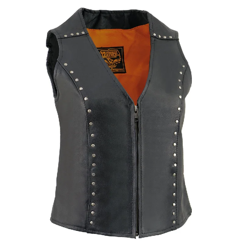 Women's Luxury Attire Milwaukee Leather ML2078 Women's Black Premium Leather Motorcycle Rider Vest- Studding Detail with Front Zip Closure