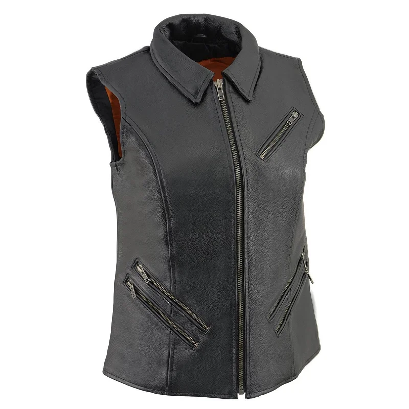 Fashion-forward Women's Clothing Milwaukee Leather MLL4520 Women’s Black Shirt Collar Motorcycle Rider Vest w/ 4 Front Lower Pockets