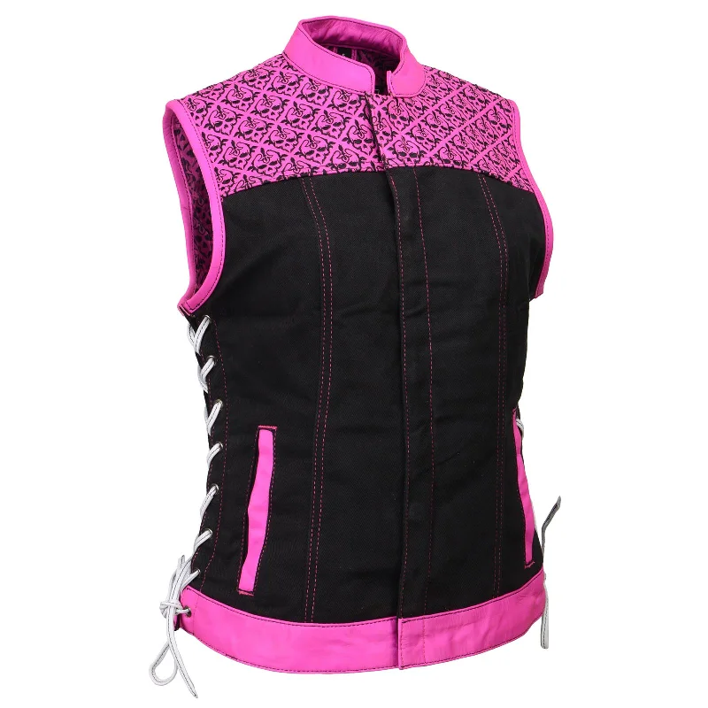 Women's Trendy Outfits Milwaukee Leather MDL4051 Women's 'Skelly' Black with Pink Motorcycle Denim Vest w/ Skull Embroidery