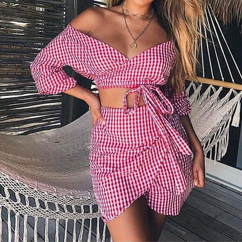 Women's Casual Wear Clothes FashionSierra - Women 2 Piece Plaid Crop Top Bodycon Skirt Summer Beach Party Mini Dress