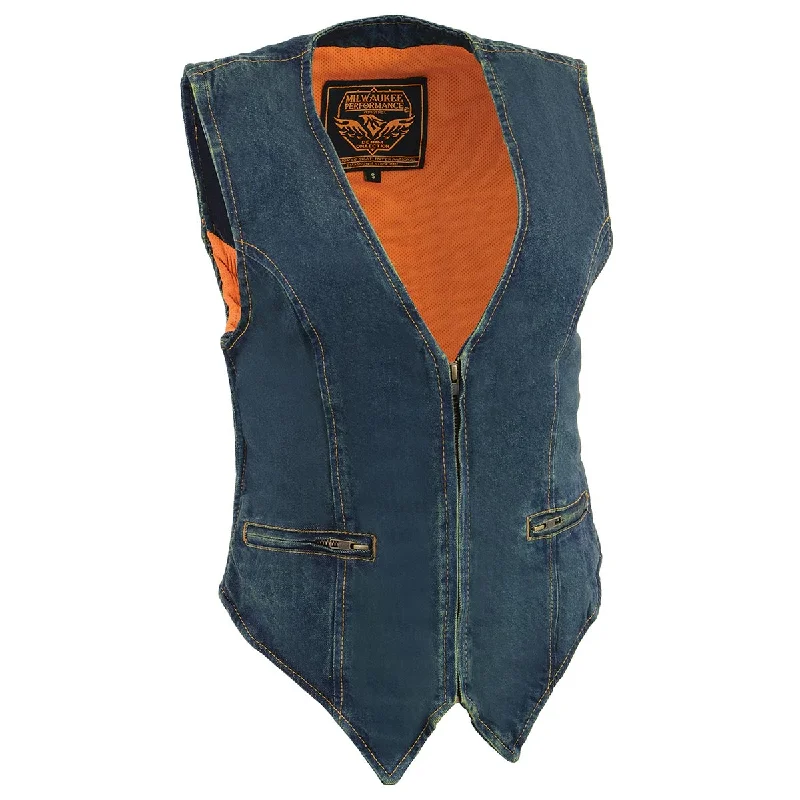 Women's Fashion Clothing Milwaukee Leather MDL4010 Women's Blue Zipper Front Denim Vest with Side Stretch