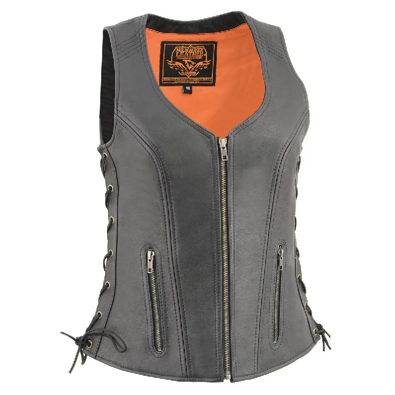 Women's Stylish Vacation Attire Milwaukee Leather MLL4532 Women's Black Cool-Tec Leather Open Neck Motorcycle Rider Vest w/ Side Lace