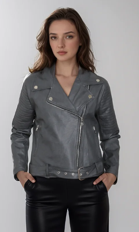 Women's Evening Wear Women leather jacket -Belt on Hem (Grey)