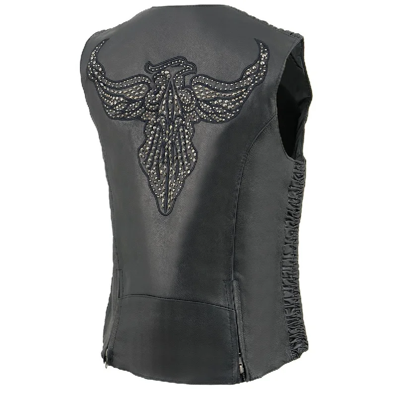 Casual Style for Busy Women Milwaukee Leather MLL4570 Women's Studded Phoenix Black Leather Motorcycle Biker Vest w/ Embroidery Art