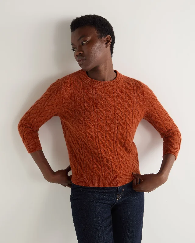 Stylish Women's Clothes for Work and Play Women's Emilia Cable Round Neck Cashmere Sweater Rust Orange