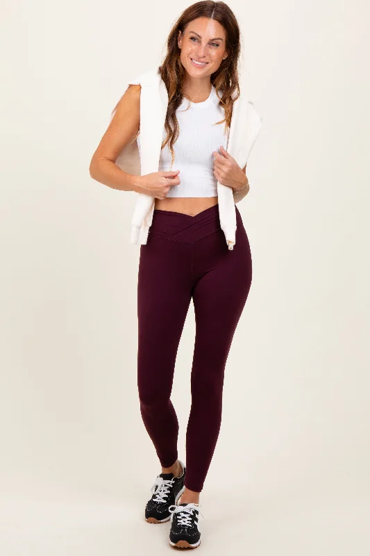 Stylish Women's Clothes for Work and Play Burgundy Crossover Waistline Leggings