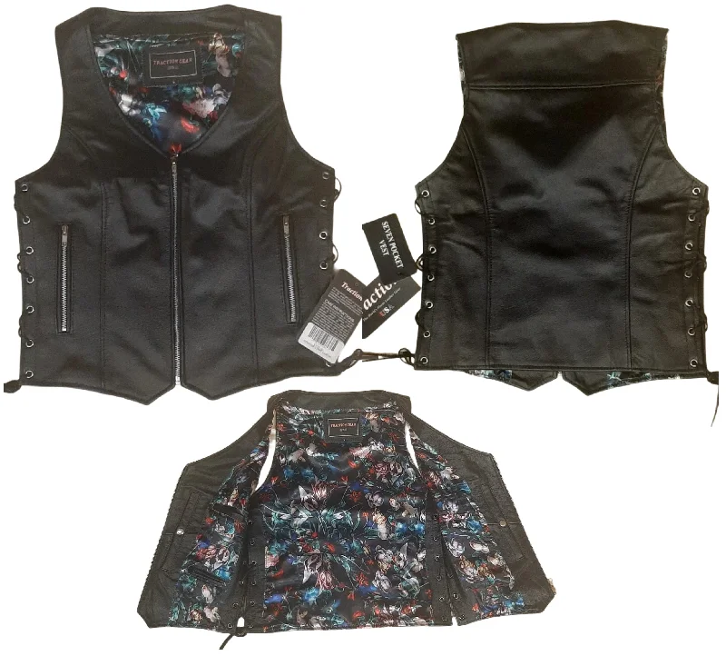 Affordable Women's Outfit Ladies Leather Vest with Blue Floral Garden Lining 265