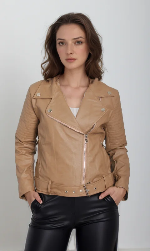 Women's High Street Fashion Women leather jacket -Belt on Hem (Café)