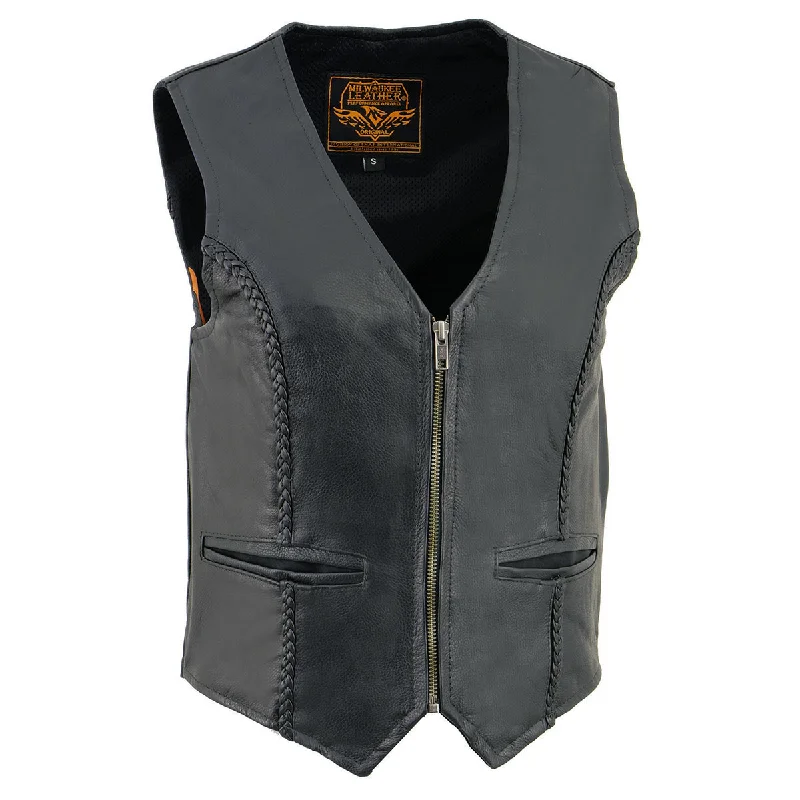 Women's Casual Apparel Milwaukee Leather SH1246Z Women's Black 'Braided' Classic Leather Zipper Front Motorcycle Vest