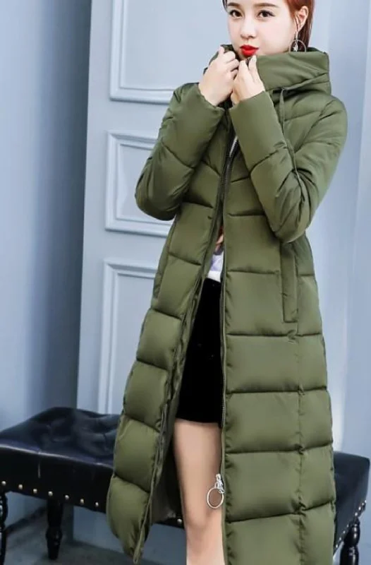 Women's Holiday Attire Womens Puffer Hooded Long Coat in Army Green