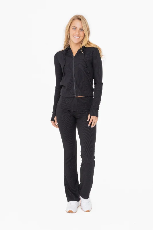 Women's Clothes for All-Day Comfort and Style Black Ribbed Foldover Flared Pants