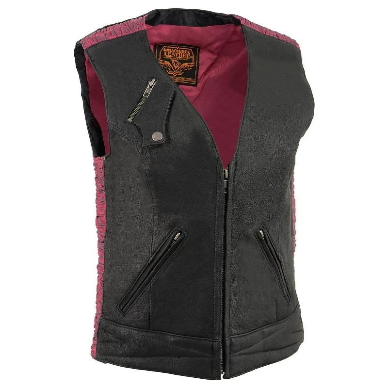 Women's Timeless Attire Milwaukee Leather MLL4571 Women's Black and Pink Lightweight Motorcycle Leather Vest w/ Crinkled Leather Design