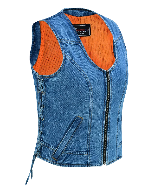 Women's Elegant Formal Outfit VB1042 Women's Blue Denim V Neck Vest with Zipper & side laces