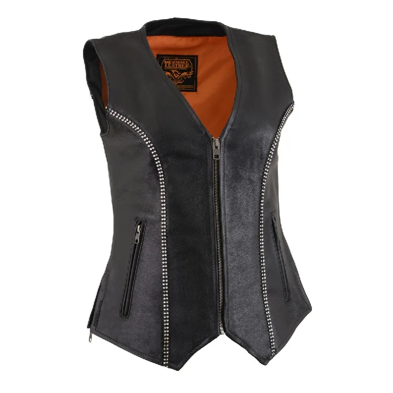 Classic Women's Clothing Styles Milwaukee Leather MLL4502 Women's Black Leather Classic V-Neck Motorcycle Rider Vest with Rhinestone Bling Detail