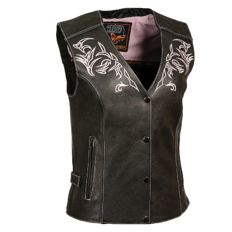 Women's Formal Apparel Milwaukee Leather Women's Black and Pink Leather Tribal Side Lace Motorcycle Rider Vest- w/ Reflective Piping ML1296