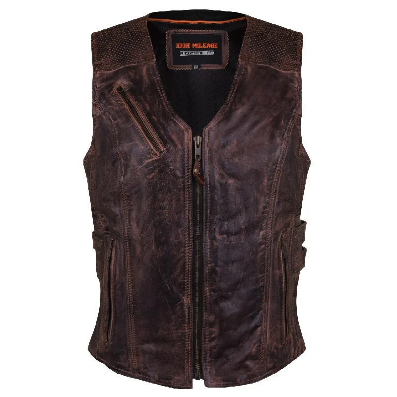 Women's Everyday Attire HML1037VB Ladies Vintage Brown Premium Leather Concealed Carry Motorcycle Vest