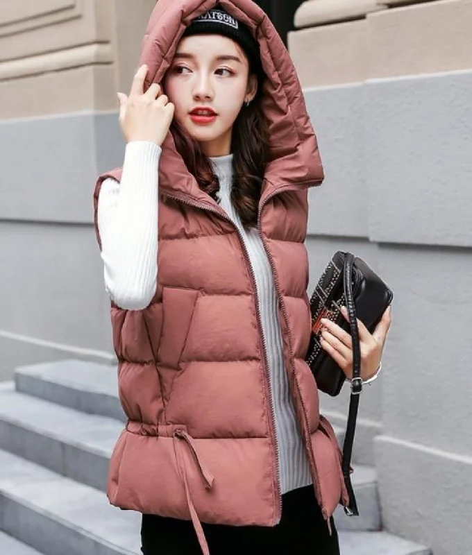 Women's Vacation Attire Womens Short Zipped Up Puffer Hooded Vest in Pink