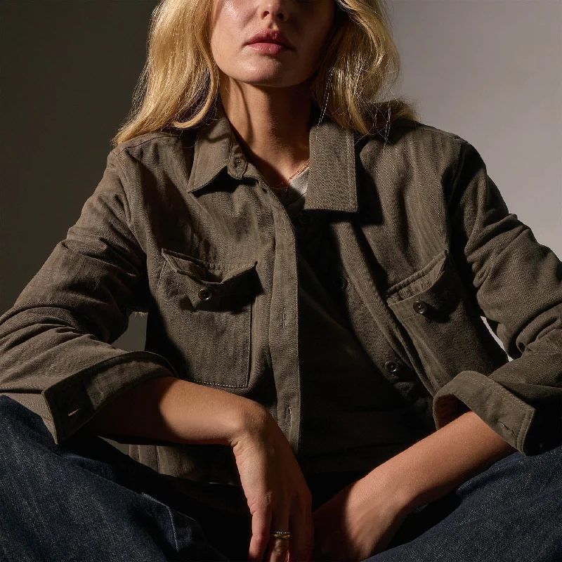 Luxury Women's Clothing Herringbone Shirt Jacket - Army Green