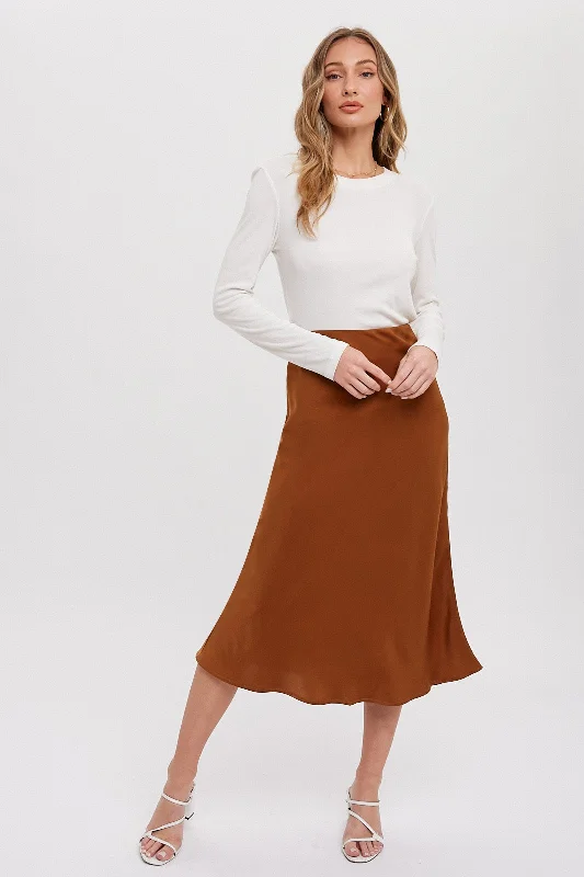 Women's Activewear Garments Camel Satin Midi Skirt