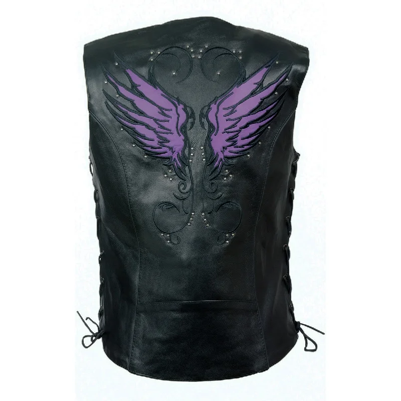 Women's Seasonal Apparel Milwaukee Leather MLL4505 Women's Black Leather Side Lace Motorcycle Rider Vest-Reflective and Studded Purple Wings