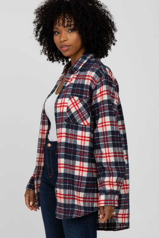 Vintage-Inspired Women's Clothes Navy Plaid Button Up Flannel Top