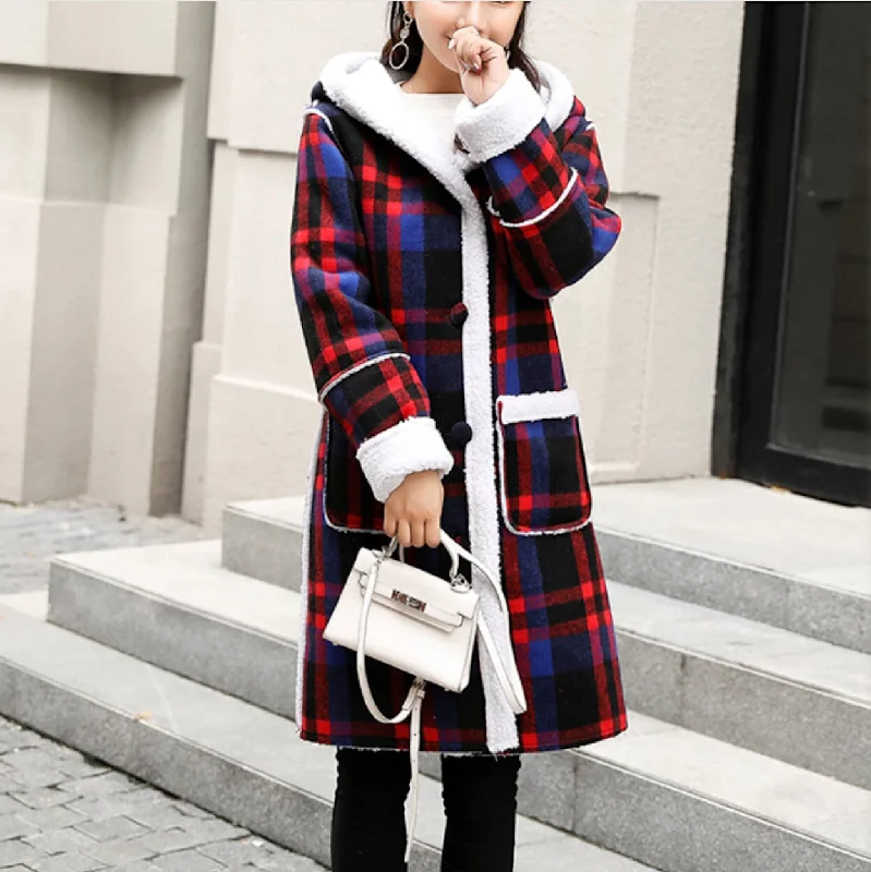 Women's Outfit Womens Checkered Coat With Hood