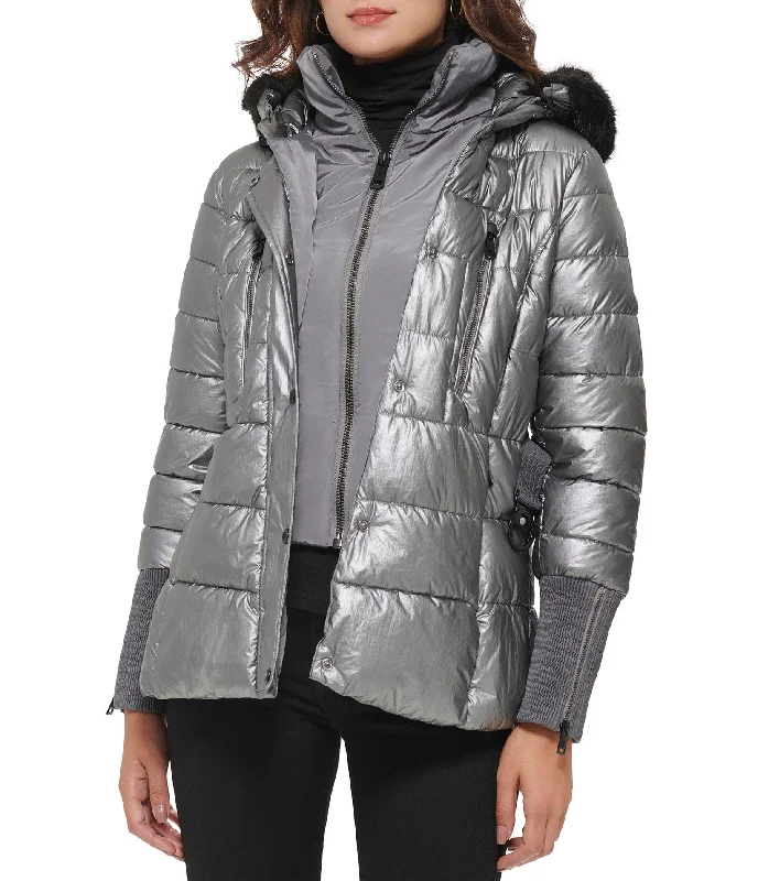 Trendy Boutique Online Apres Ski Crinkle Metallic Belted Coat With Hood