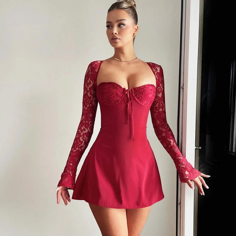 Women's Clothing Online Lace Patchwork Waist Wrap A-line Autumn Winter Backless Nightclub Party Mini Dress Women's Clothing Online Lace Patchwork Waist Wrap A-line Autumn Winter Backless Nightclub Party Mini Dress