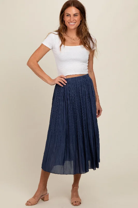 Women's Casual Dresses Navy Blue Pleated Midi Skirt
