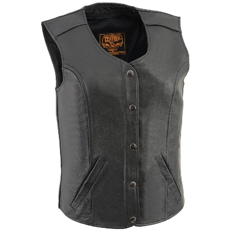 Affordable Women's Garments Milwaukee Leather LKL4701 Women's Black Leather Plain Round V-Neck Motorcycle Rider Vest W/Classic 4-Snaps Closure